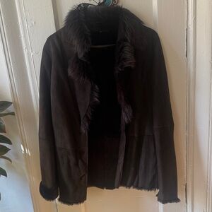 Elie Tahari Dark Brown Teddy Jacket with Faux Fur Trim